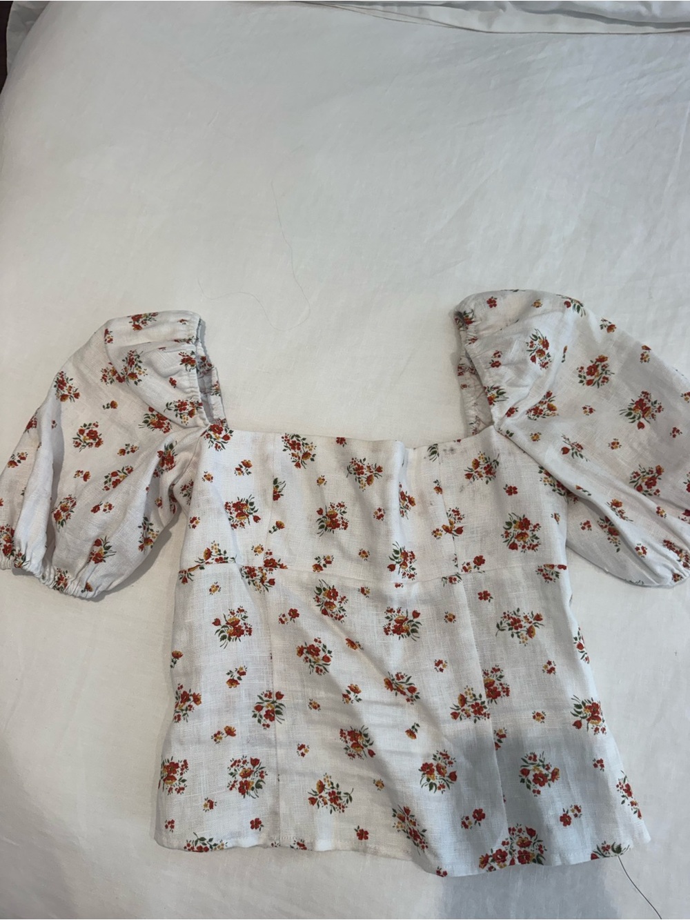 Reformation White Puff Sleeve Square Neck Floral Top